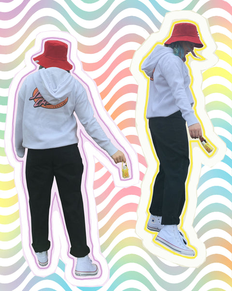 Young woman wearing the Red Safety Pin Corduroy Bucket Hat