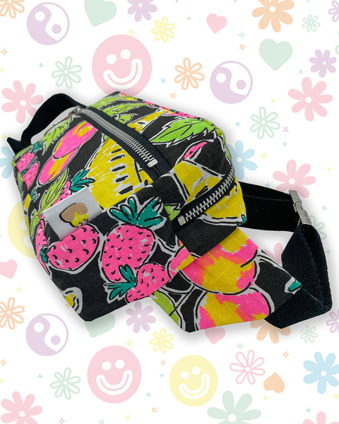 Neon & Black Fruity Bumbag with Strawberries, Peaches & Bananas - Made to Order
