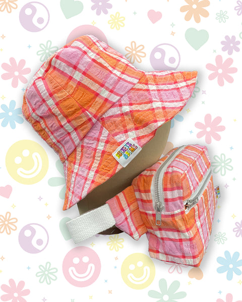 Pink & Orange Check Seersucker Vintage Picnic Blanket Bumbag