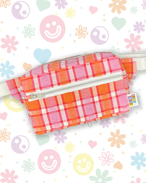 Pink & Orange Check Seersucker Vintage Picnic Blanket Bumbag
