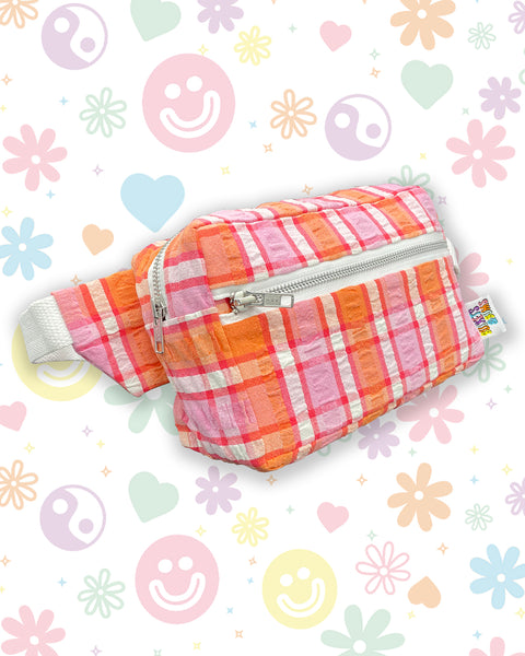 Pink & Orange Check Seersucker Vintage Picnic Blanket Bumbag