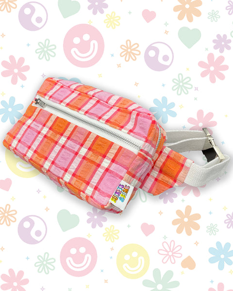 Pink & Orange Check Seersucker Vintage Picnic Blanket Bumbag