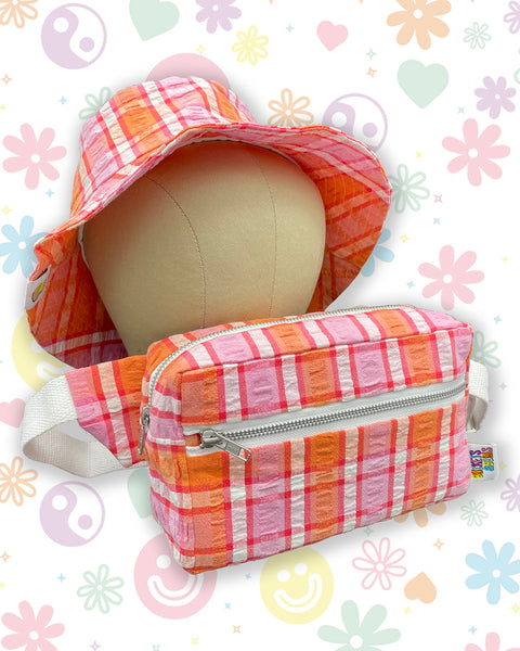 Pink & Orange Check Seersucker Vintage Picnic Blanket Bumbag