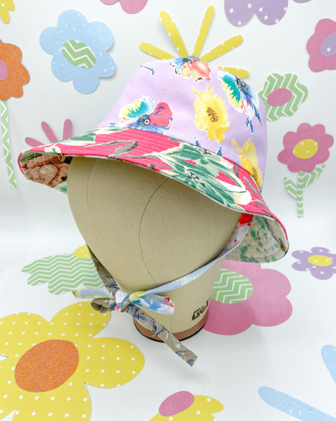 Fantastic floral bucket hat - front view showing draw string ties