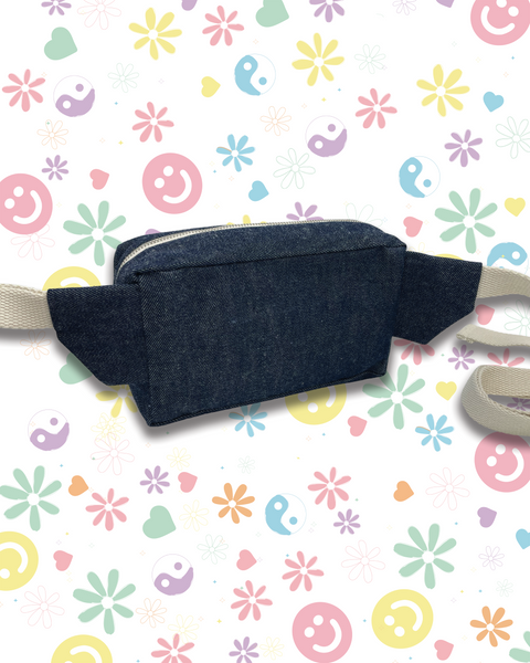 A dark navy blue fabric waist bag with a light beige strap.