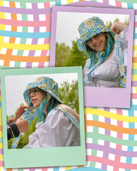 Two Polaroids of a young woman wearing the gingham daisy bucket hat with straps and the matching gingham daisy mini bag