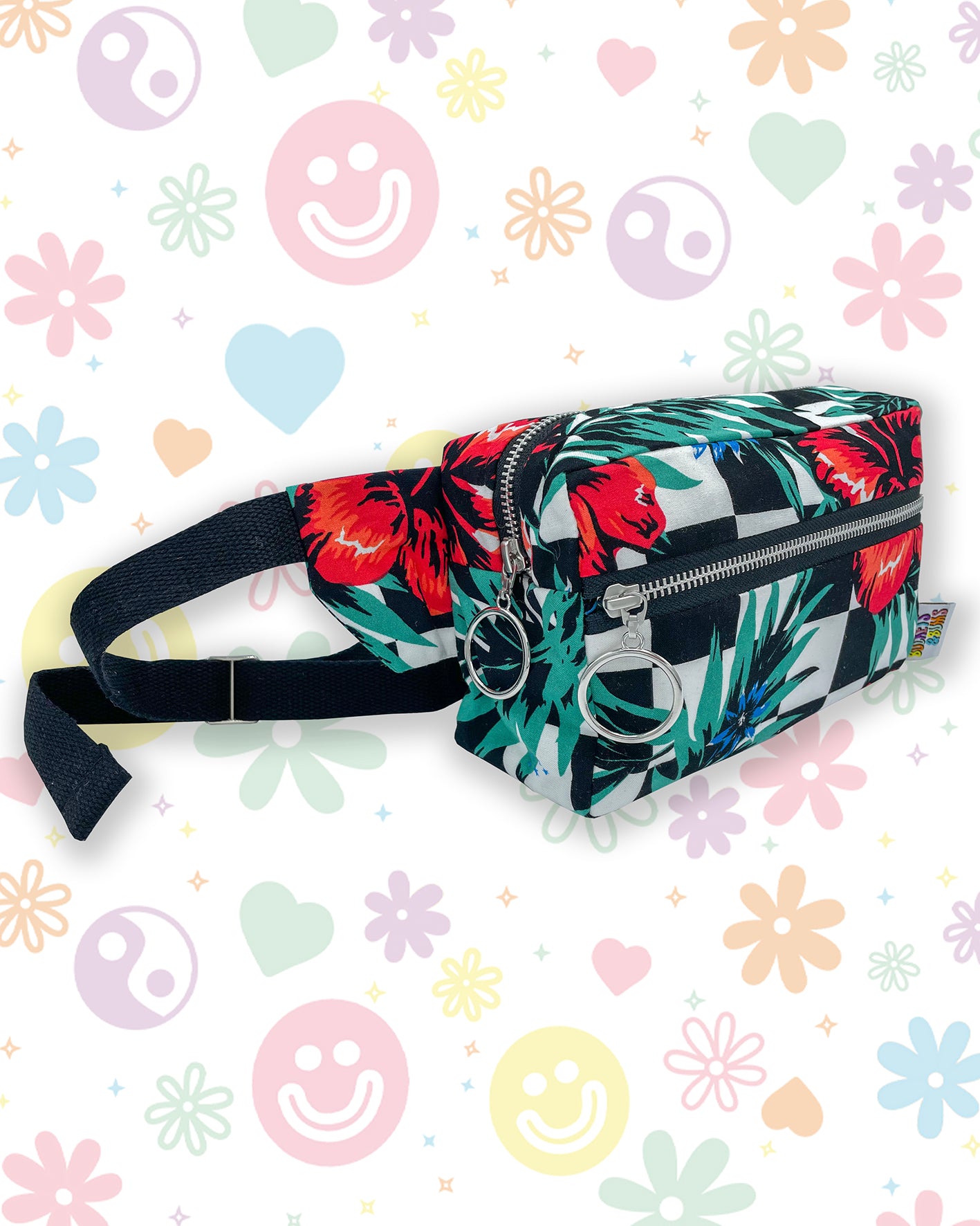 Black & White Checkerboard & Red Hibiscus Floral Bumbag