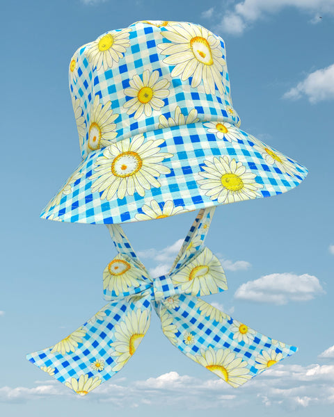 Blue and white gingham daisy bucket hat with straps