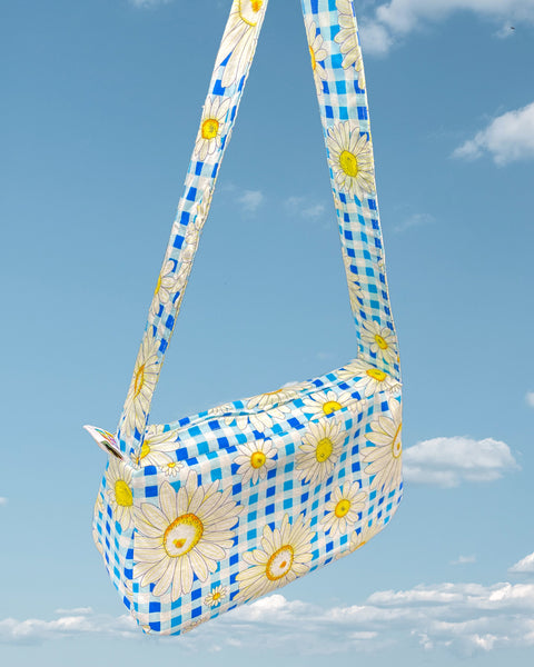 Blue & white gingham daisy mini shoulder bag 
