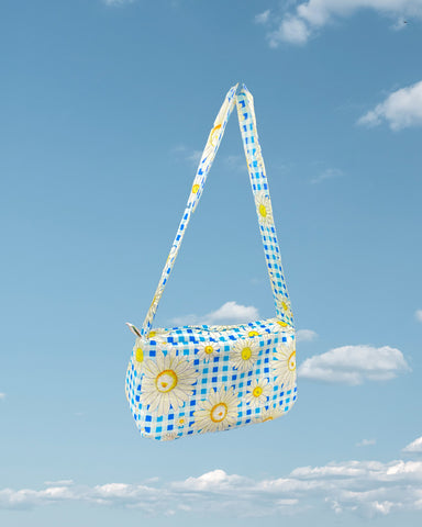 Blue & white gingham daisy mini shoulder bag