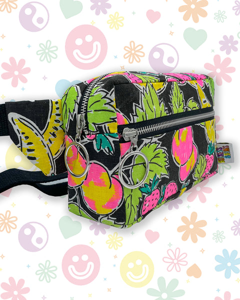 Neon & Black Fruity Bumbag with Strawberries, Peaches & Bananas