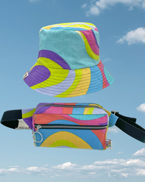 Rainbow swirl bucket hat and matching rainbow swirl bumbag